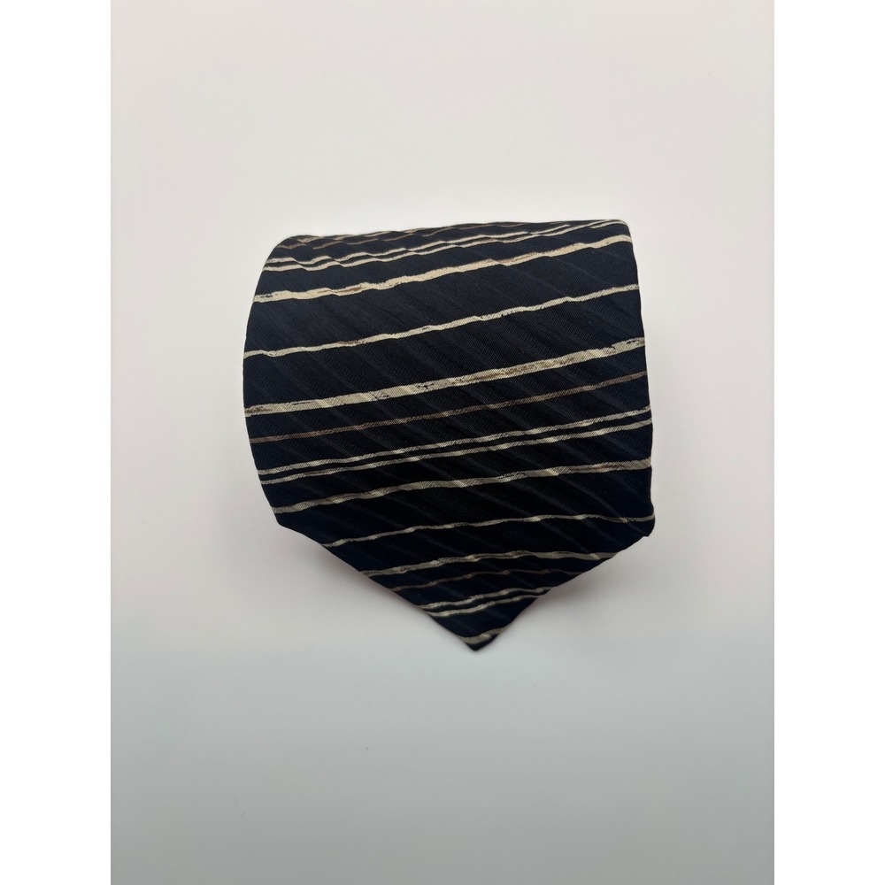 Alfani Uomo Mens Silk Necktie Black Tan Cream Horizontal Striped Made in Italy